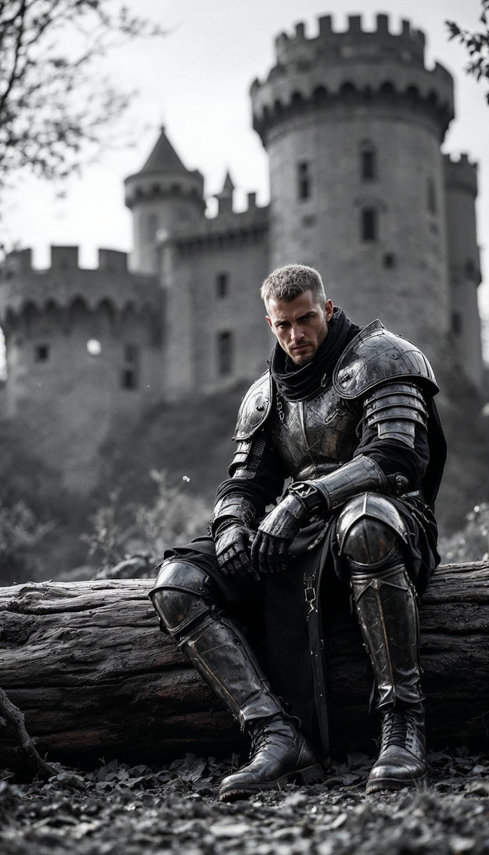 Knight in traditional armor sitting contemplatively with castle in background