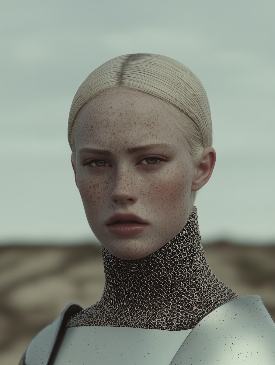 Model with ethereal features wearing a silver chainmail collar and white armor