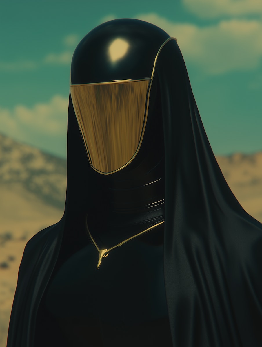 Futuristic figure in black with gold visor against desert landscape