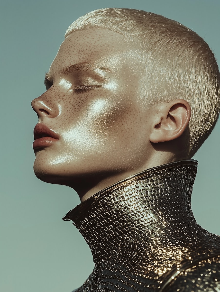 Side profile of model with platinum hair and metallic chainmail collar
