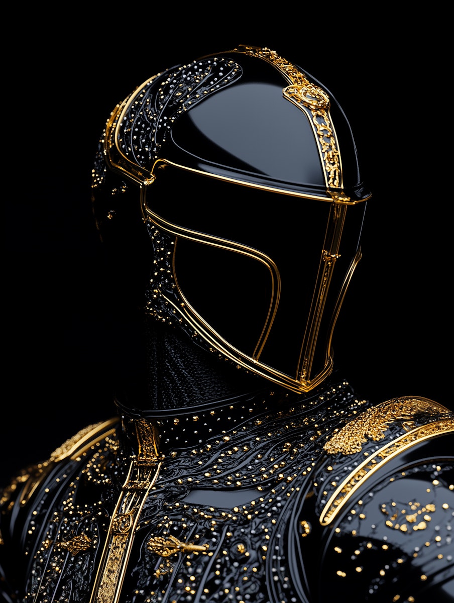 Luxurious black and gold armor showcasing intricate craftsmanship and elegant design