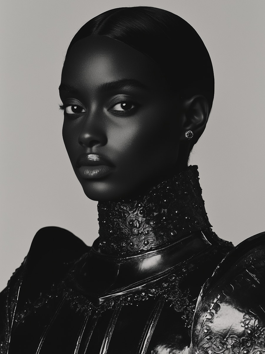 Model wearing Noir Elegance Collar, a futuristic armor-inspired piece