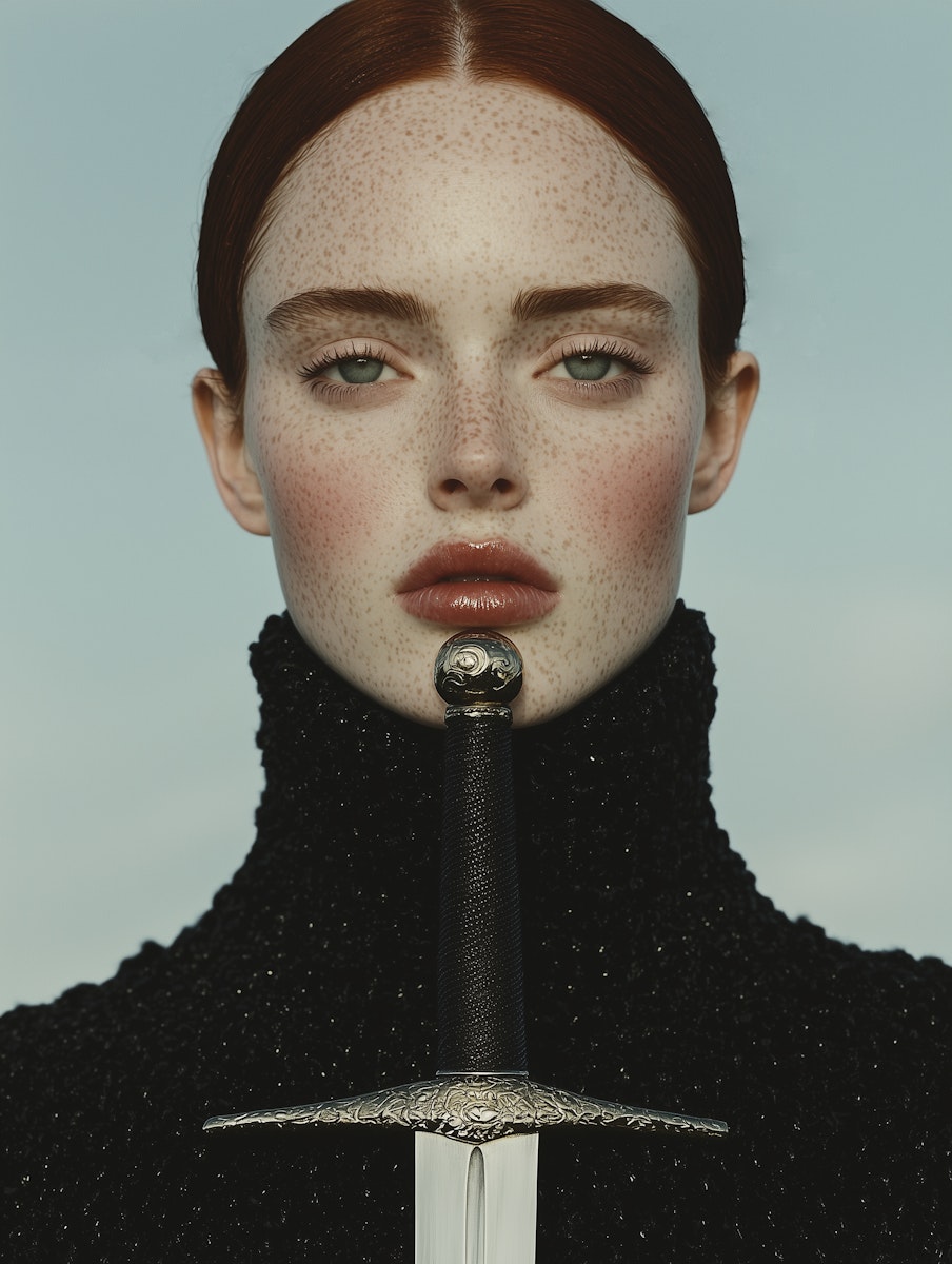 Portrait of model with ceremonial sword positioned vertically in front of face