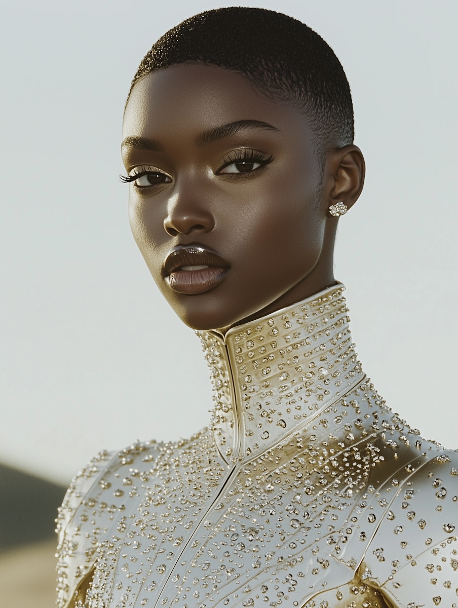 Model wearing a gold-studded high-neck armor piece, embodying regal strength