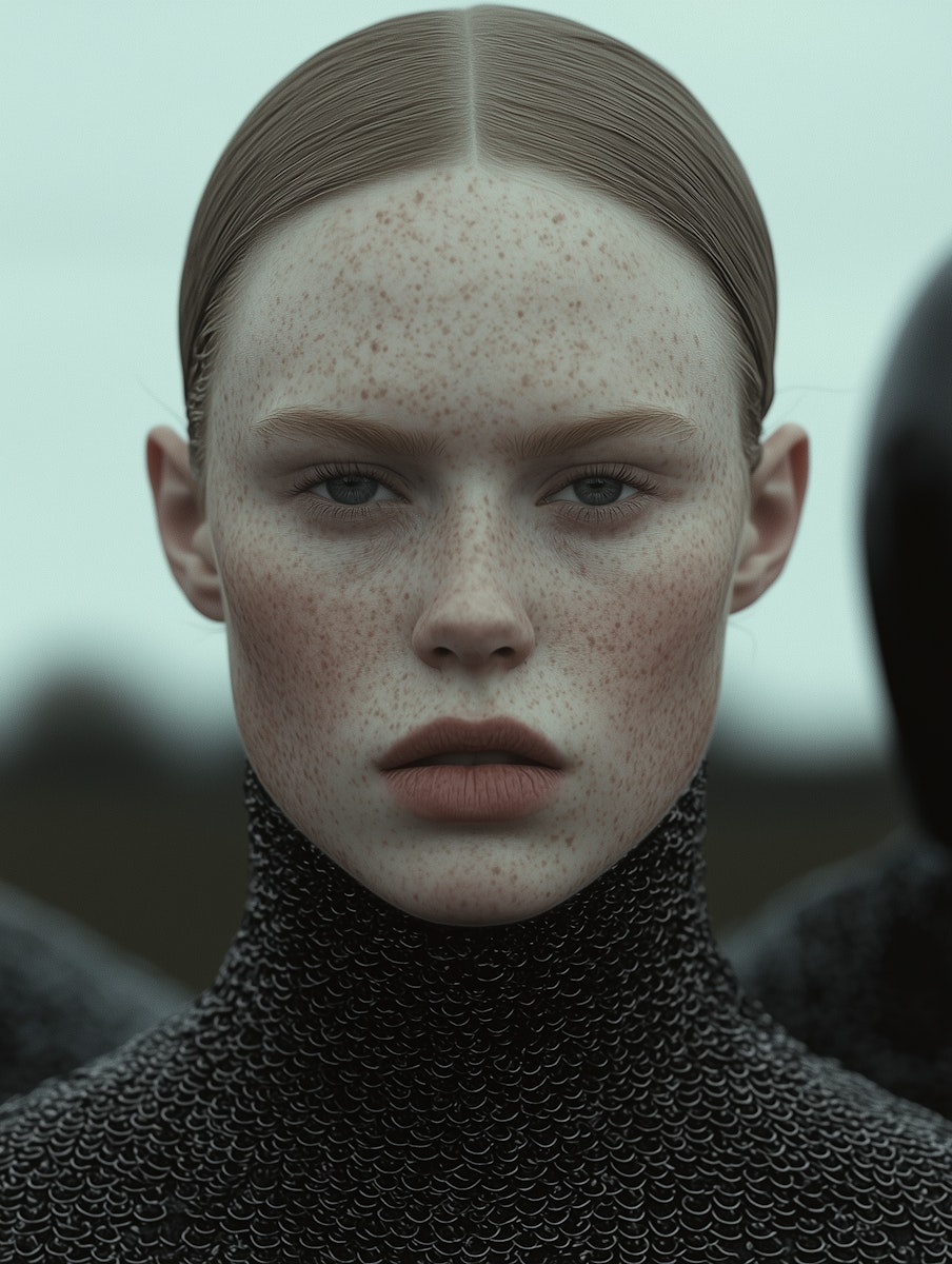 Close-up portrait of model wearing intricate chainmail neck piece